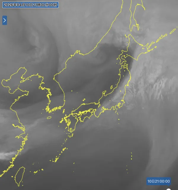 2026年4月10日21時の日本周辺の衛星水蒸気画像