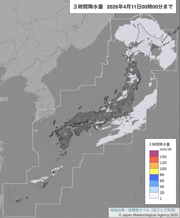 2026年4月10日21〜24時の日本周辺の3時間解析降水量