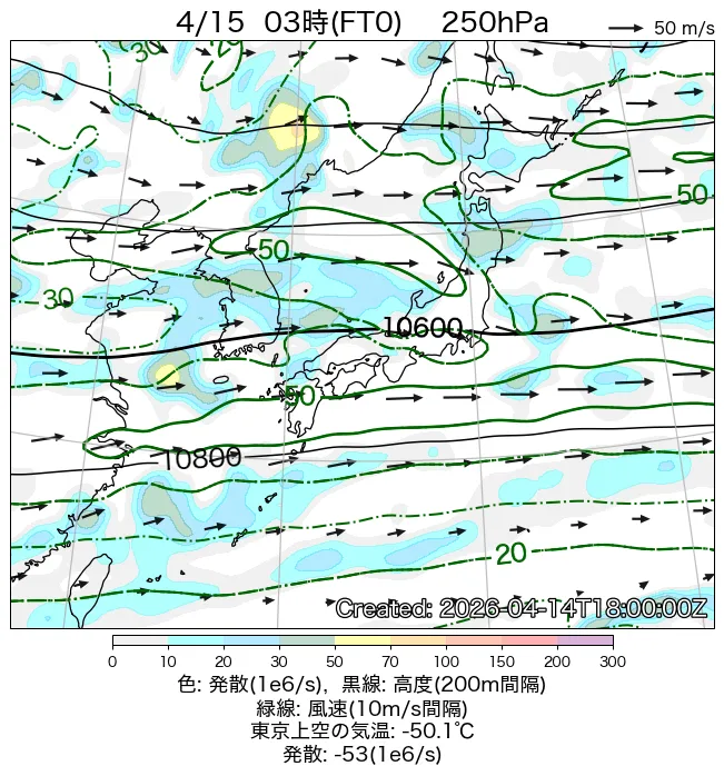 2026年4月15日の日本周辺の250hPa天気図（3時）