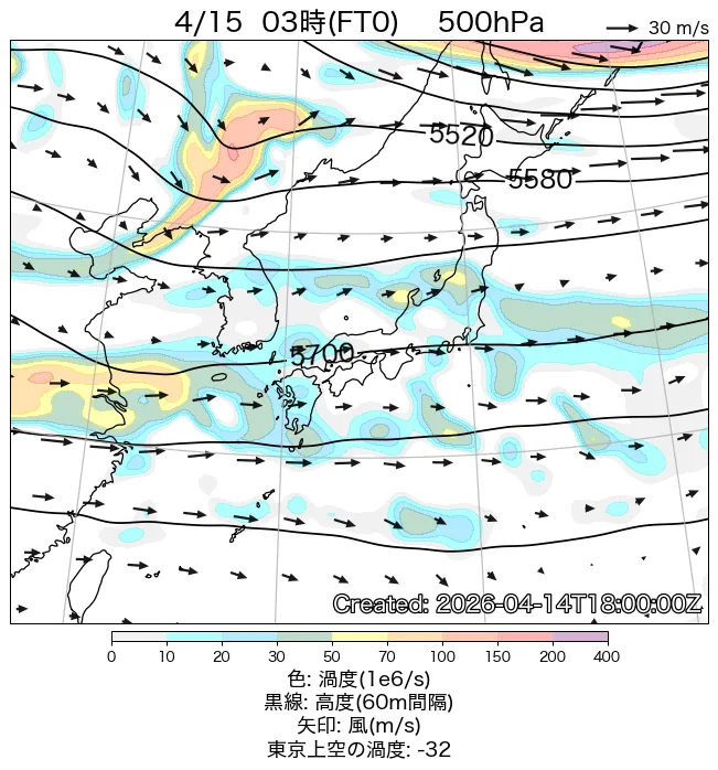 2026年4月15日の日本周辺の500hPa天気図（3時）