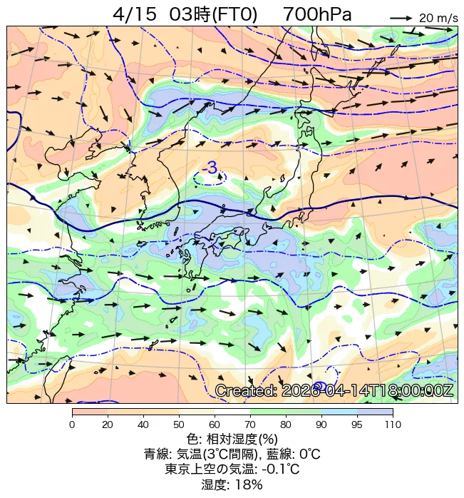 2026年4月15日の日本周辺の700hPa天気図（3時）