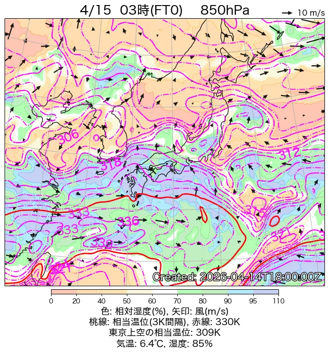 2026年4月15日の日本周辺の850hPa天気図（3時）