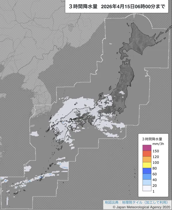 2026年4月15日3〜6時の日本周辺の3時間解析降水量