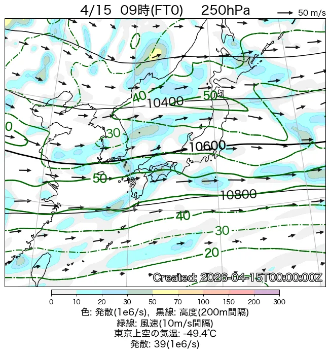 2026年4月15日の日本周辺の250hPa天気図（9時）