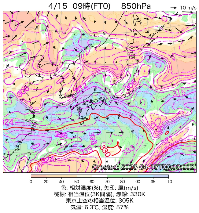 2026年4月15日の日本周辺の850hPa天気図（9時）