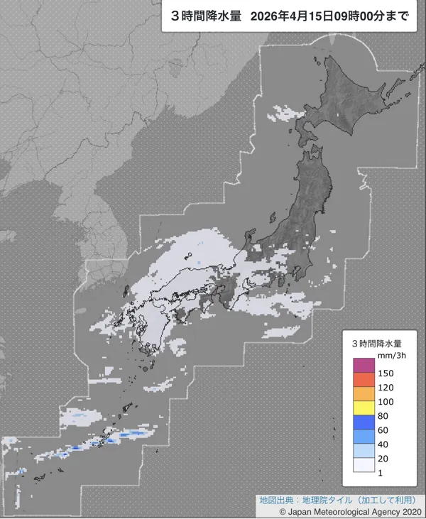 2026年4月15日6〜9時の日本周辺の3時間解析降水量