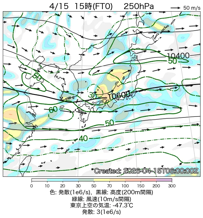 2026年4月15日の日本周辺の250hPa天気図（15時）