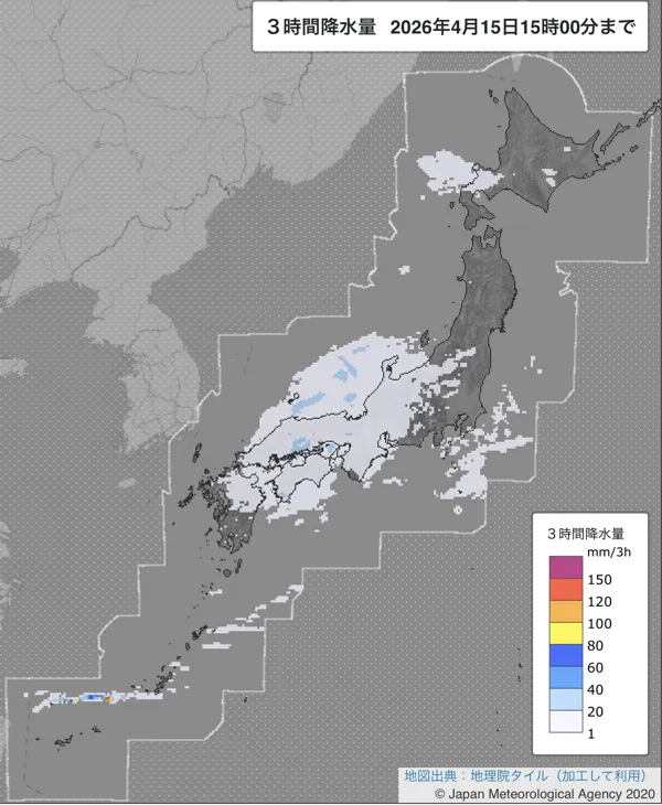 2026年4月15日12〜15時の日本周辺の3時間解析降水量