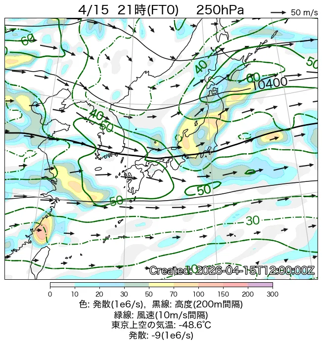 2026年4月15日の日本周辺の250hPa天気図（21時）