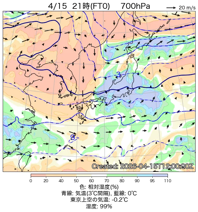 2026年4月15日の日本周辺の700hPa天気図（21時）