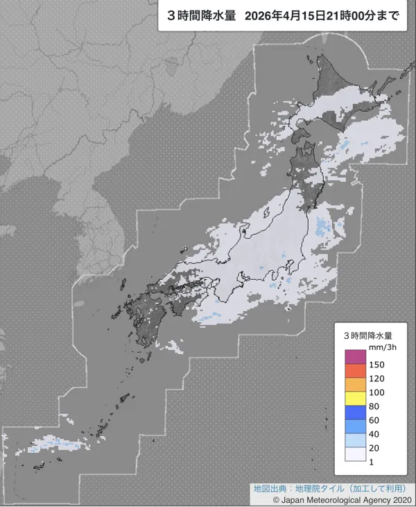 2026年4月15日18〜21時の日本周辺の3時間解析降水量