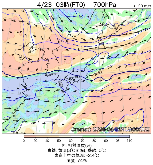 2026年4月23日の日本周辺の700hPa天気図（3時）