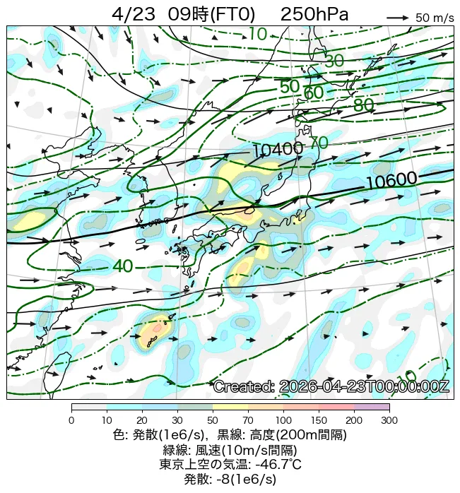 2026年4月23日の日本周辺の250hPa天気図（9時）