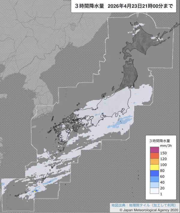2026年4月23日18〜21時の日本周辺の3時間解析降水量
