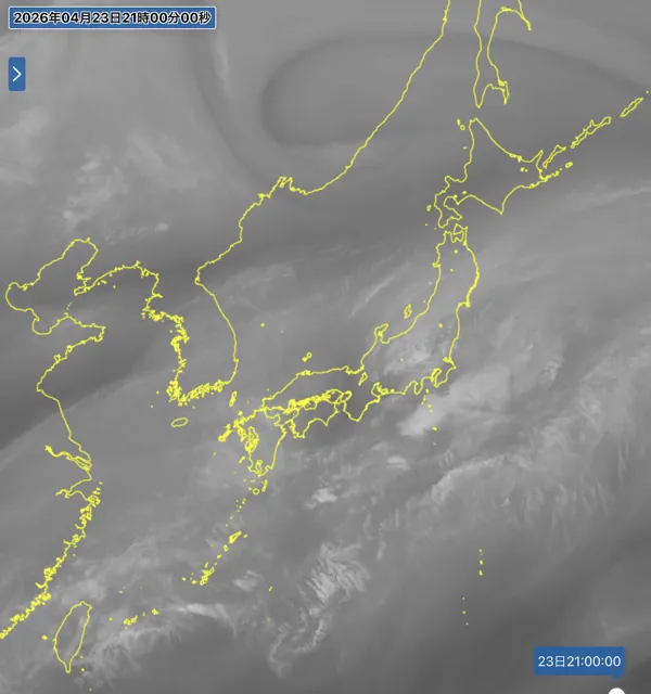 2026年4月23日21時の日本周辺の衛星水蒸気画像