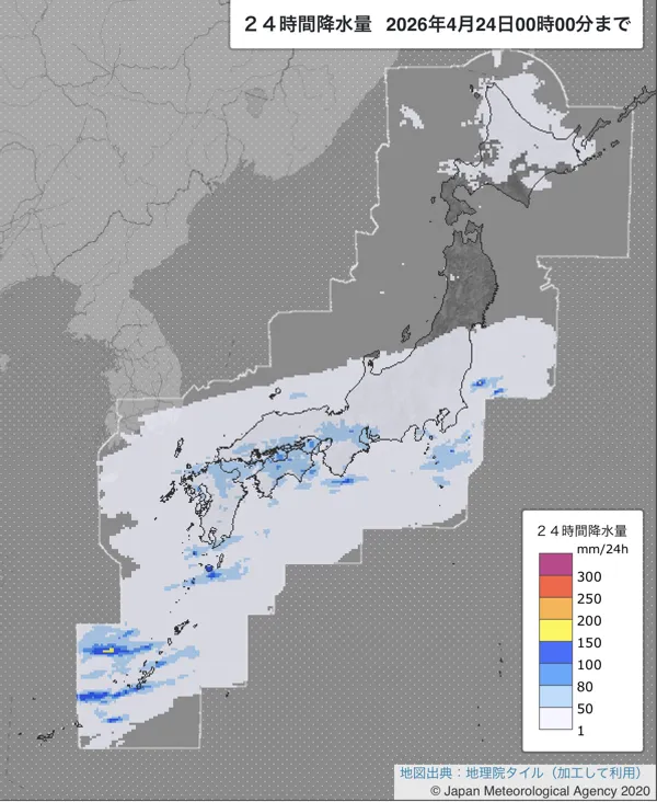 2026年4月23日の日本周辺の日解析雨量の図