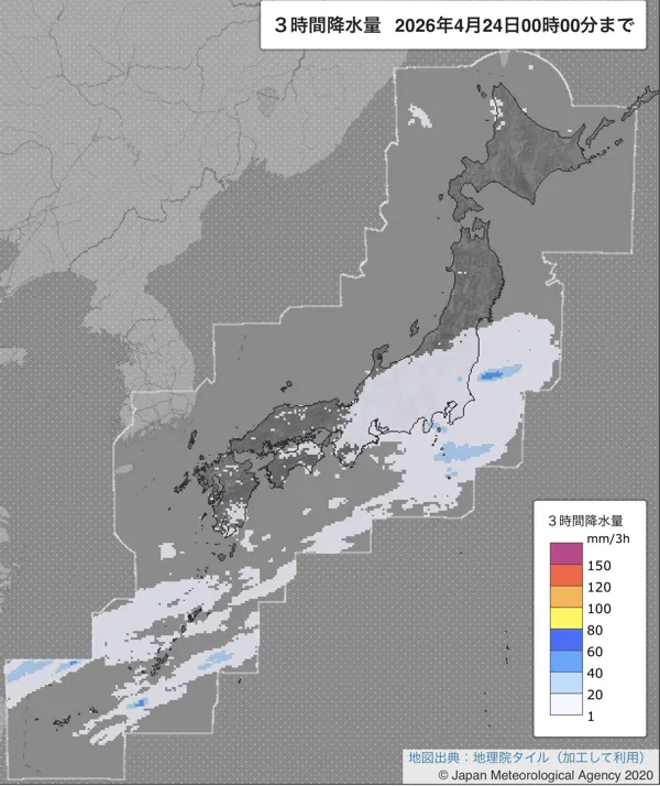 2026年4月23日21〜24時の日本周辺の3時間解析降水量