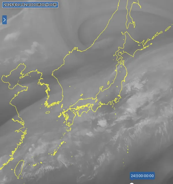 2026年4月23日24時の日本周辺の衛星水蒸気画像