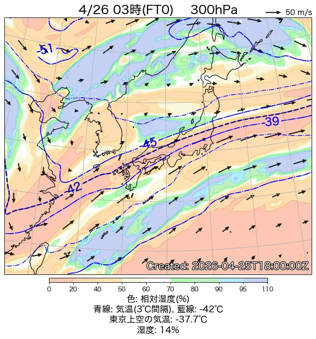 2026年4月26日の日本周辺の300hPa天気図（3時）