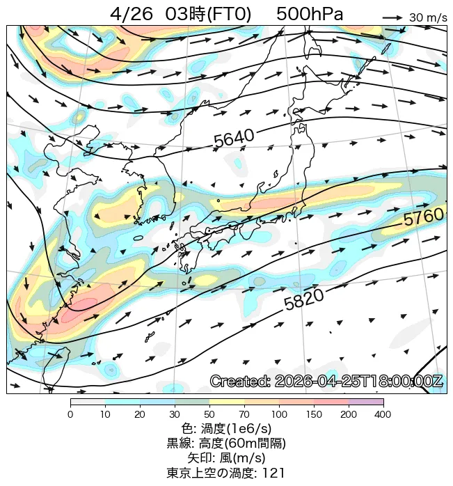 2026年4月26日の日本周辺の500hPa天気図（3時）