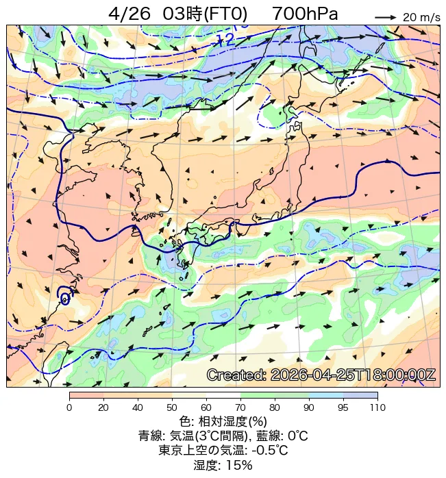 2026年4月26日の日本周辺の700hPa天気図（3時）