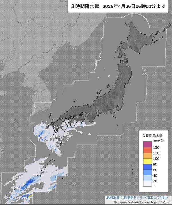 2026年4月26日3〜6時の日本周辺の3時間解析降水量