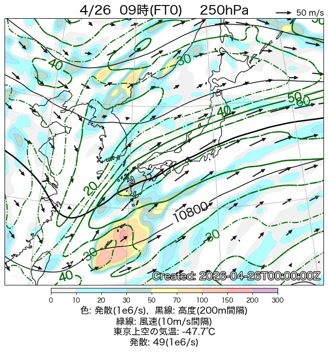 2026年4月26日の日本周辺の250hPa天気図（9時）