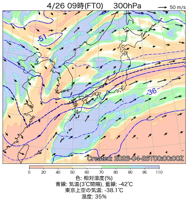 2026年4月26日の日本周辺の300hPa天気図（9時）