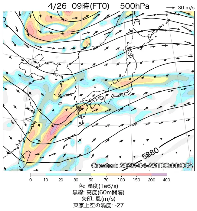 2026年4月26日の日本周辺の500hPa天気図（9時）