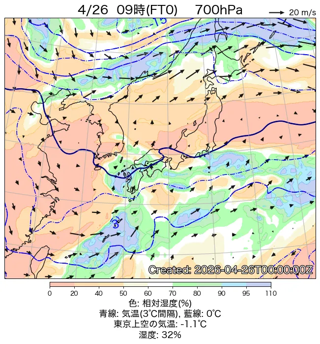 2026年4月26日の日本周辺の700hPa天気図（9時）