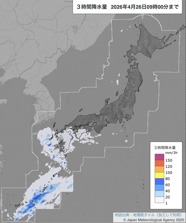 2026年4月26日6〜9時の日本周辺の3時間解析降水量