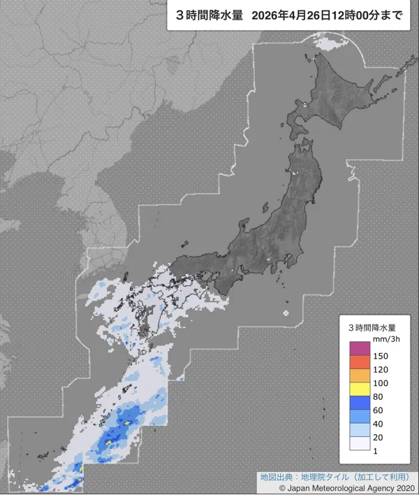 2026年4月26日9〜12時の日本周辺の3時間解析降水量