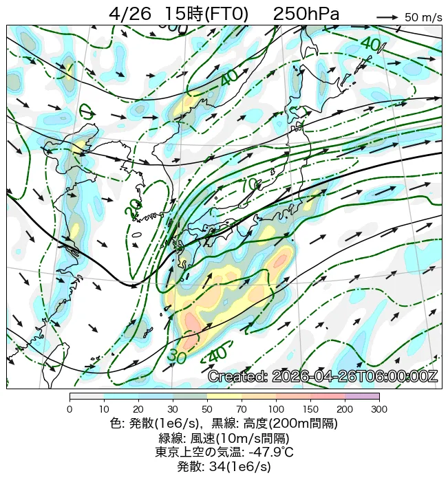 2026年4月26日の日本周辺の250hPa天気図（15時）