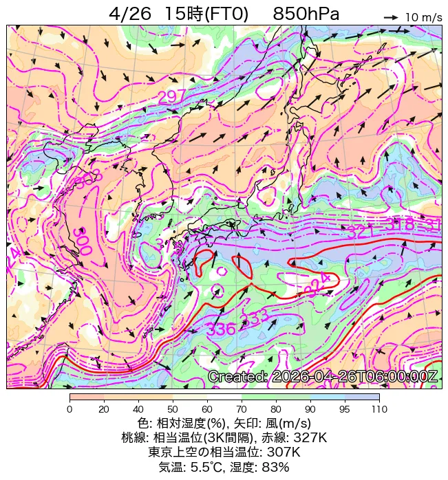 2026年4月26日の日本周辺の850hPa天気図（15時）