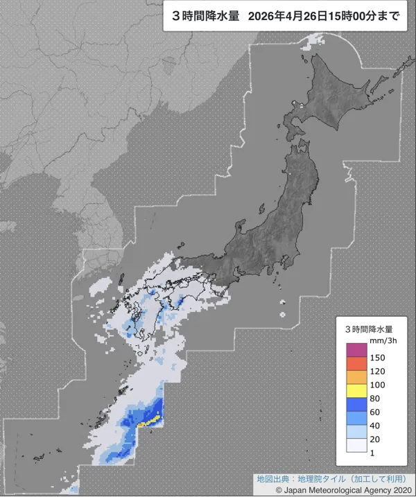 2026年4月26日12〜15時の日本周辺の3時間解析降水量