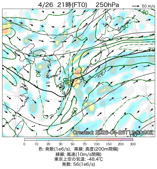 2026年4月26日の日本周辺の250hPa天気図（21時）