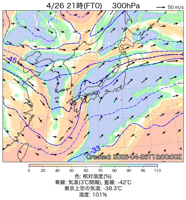 2026年4月26日の日本周辺の300hPa天気図（21時）