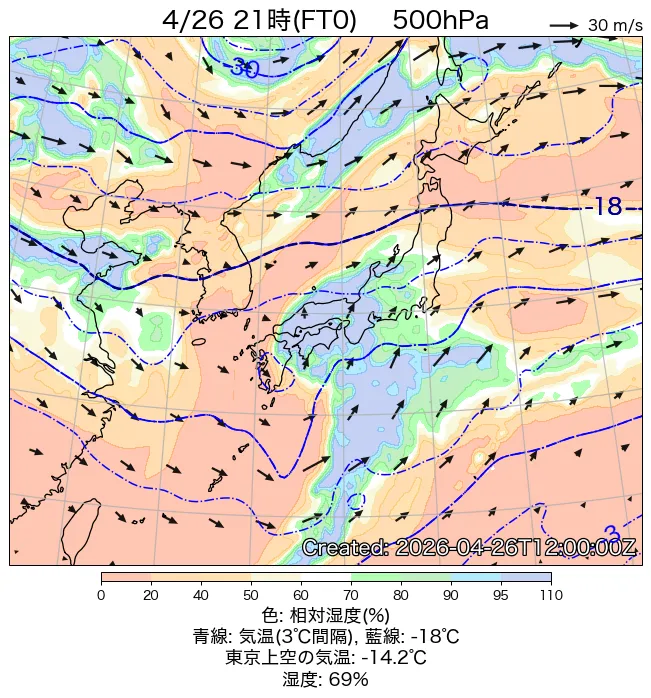 2026年4月26日の日本周辺の500hPa天気図（21時）