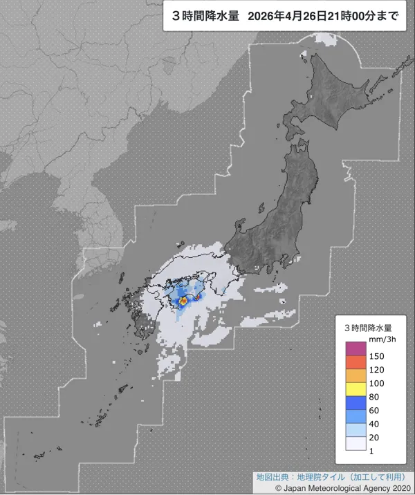 2026年4月26日18〜21時の日本周辺の3時間解析降水量