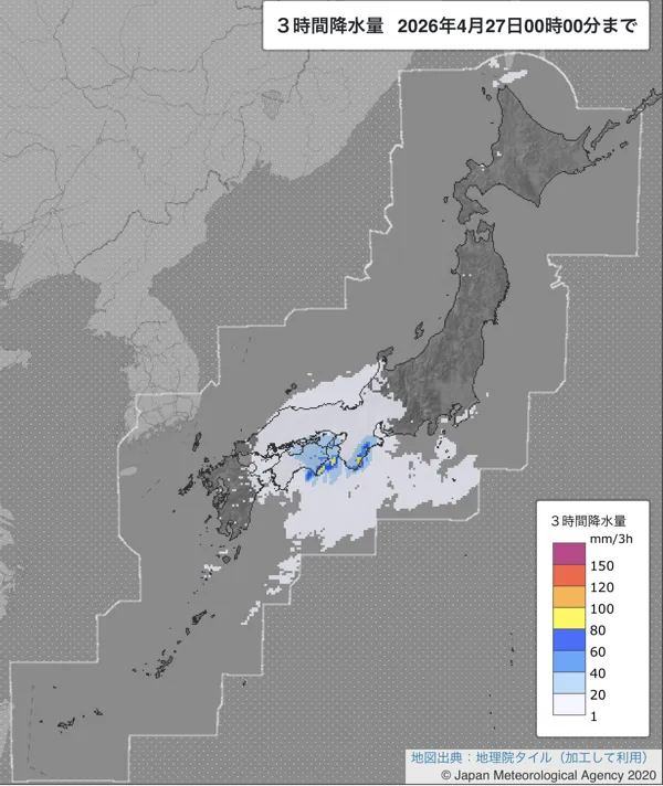 2026年4月26日21〜24時の日本周辺の3時間解析降水量