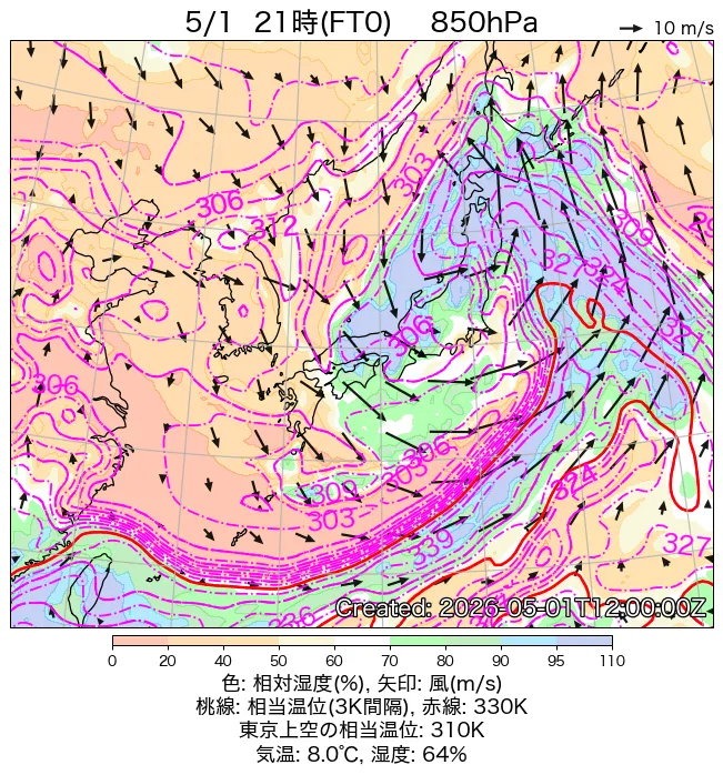 2026年5月1日の日本周辺の850hPa天気図（21時）