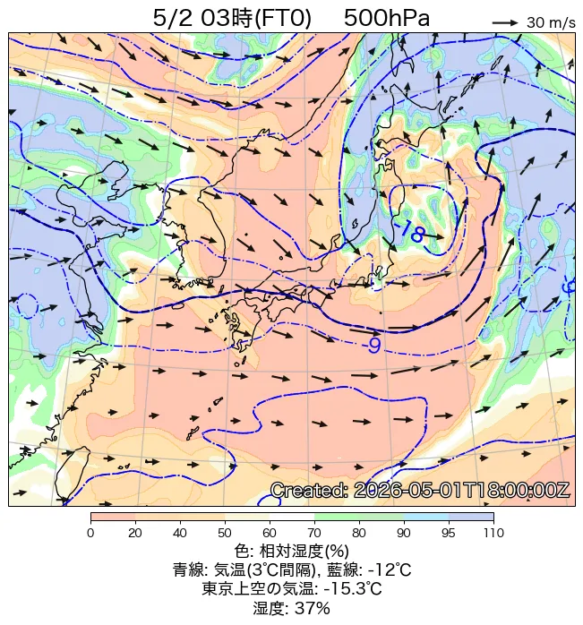 2026年5月2日の日本周辺の500hPa天気図（3時）