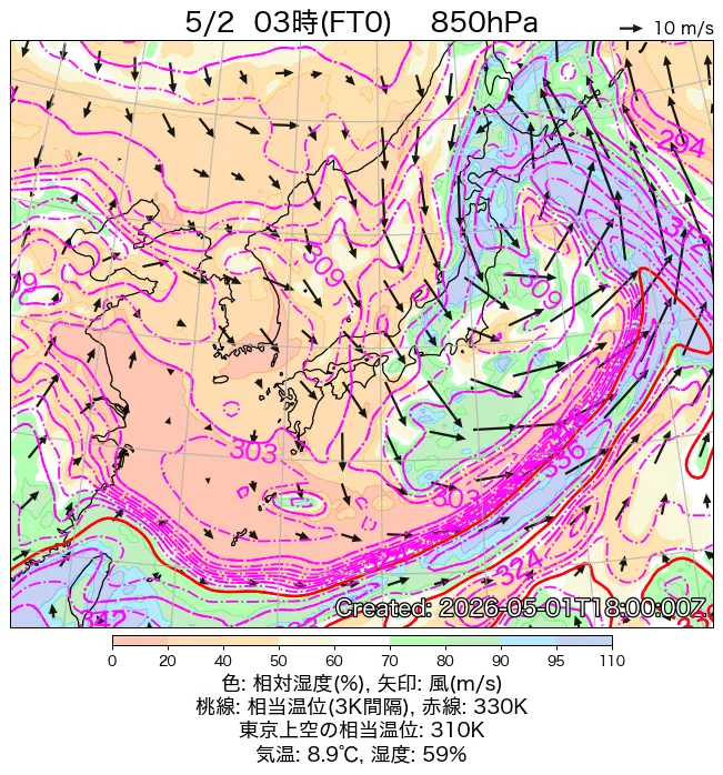 2026年5月2日の日本周辺の850hPa天気図（3時）