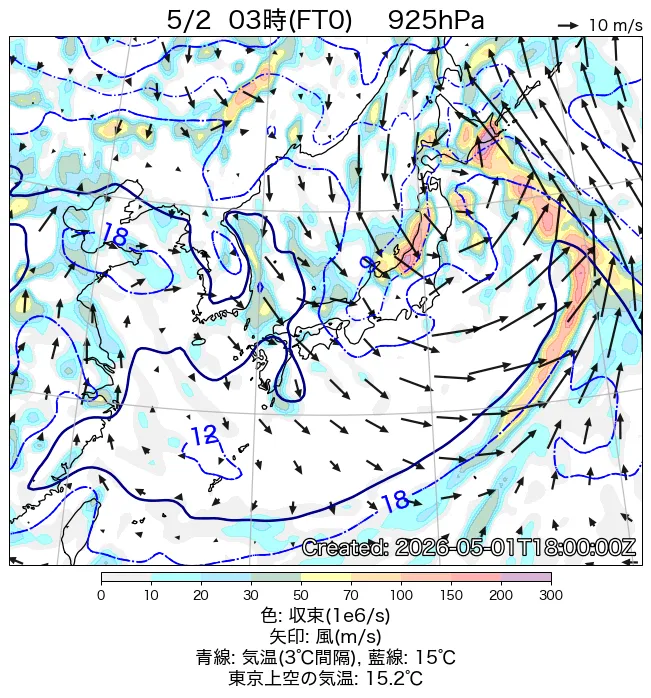 2026年5月2日の日本周辺の925hPa天気図（3時）