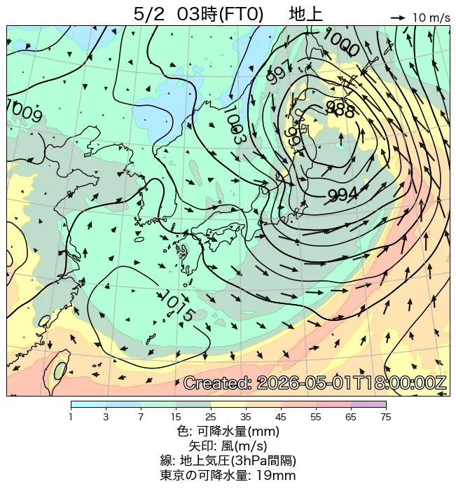 2026年5月2日の日本周辺の地上天気図（3時）