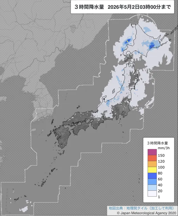 2026年5月2日0〜3時の日本周辺の3時間解析降水量