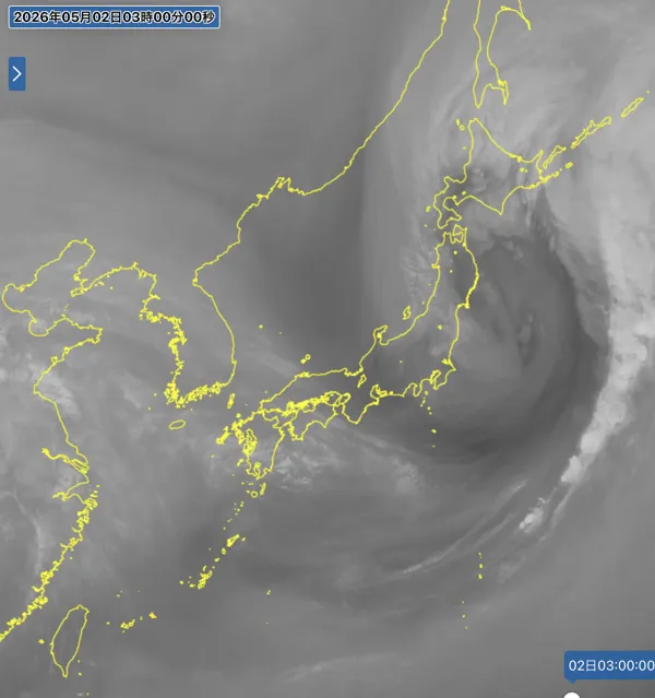 2026年5月2日3時の日本周辺の衛星水蒸気画像