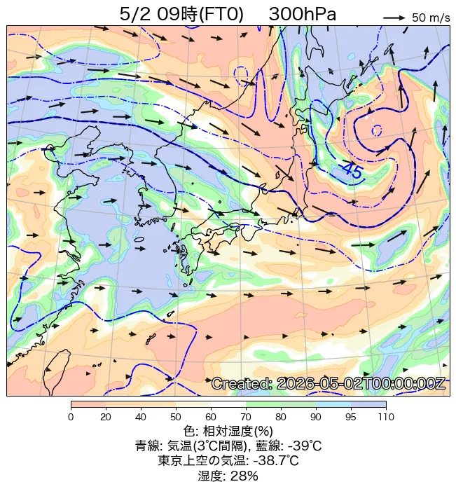 2026年5月2日の日本周辺の300hPa天気図（9時）