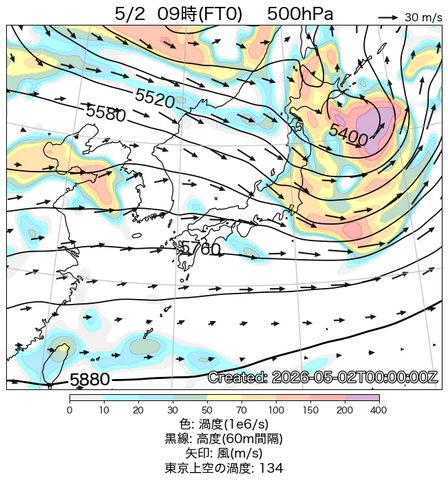 2026年5月2日の日本周辺の500hPa天気図（9時）