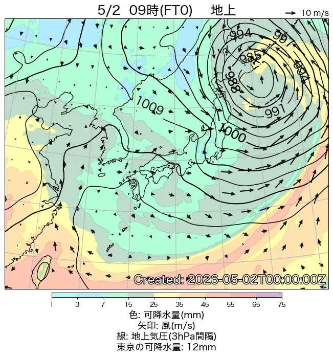 2026年5月2日の日本周辺の地上天気図（9時）